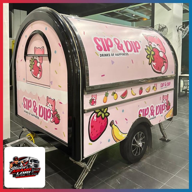 Sip & Dip food cart wrap — pink + strawberry lorry sticker work